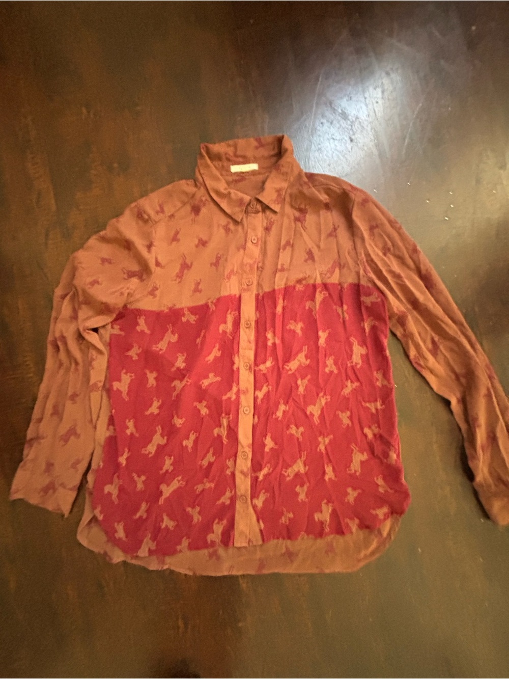 Pleione Sheer Long-Sleeve Two-Tone Horse Print Shirt in Burgundy/Taupe